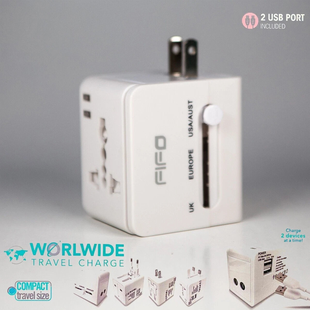 Adaptateur secteur universel pour chargeur secteur mural avec 2 ports USB-A (prise AU, US, UK, UE) Adaptateur secteur universel pour chargeur secteur mural avec 2 ports USB-A (prise AU, US, UK, UE)